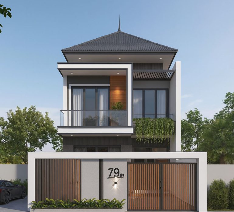 mau nha mai nhat 2 tang hien dai co gara san vuon