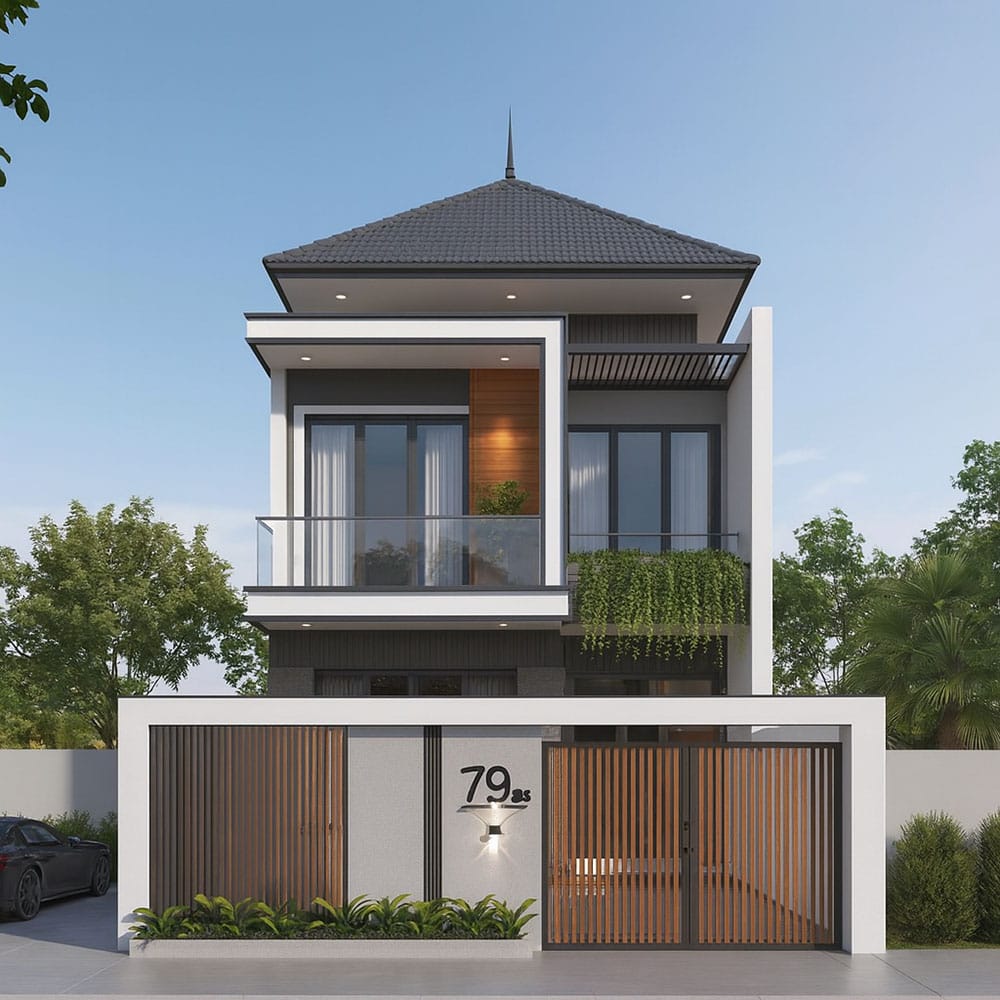 mau nha mai nhat 2 tang hien dai co gara san vuon