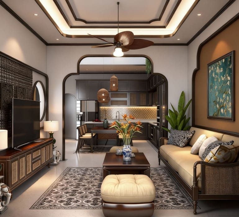 noi that phong khach phong bep phong cach indochine 1