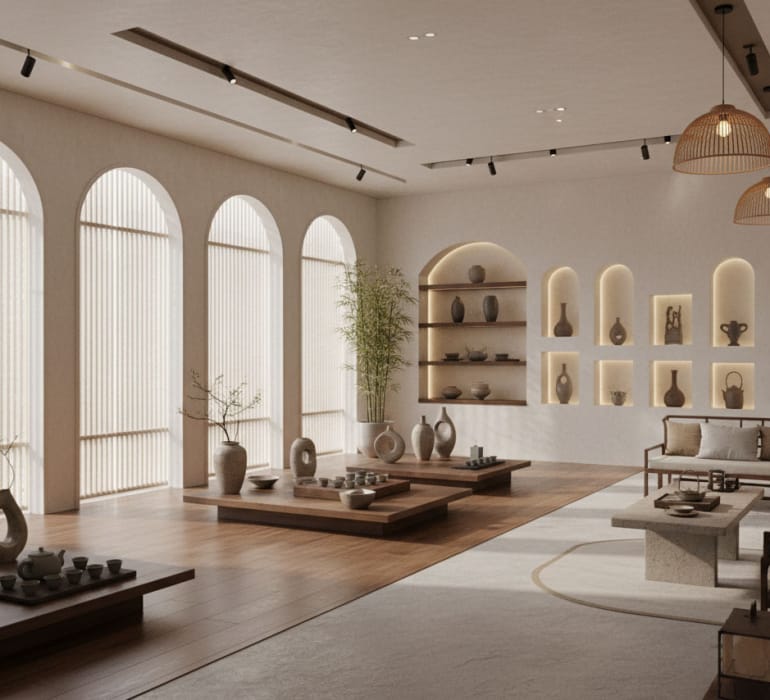 thiet ke showroom phong cach Japandi