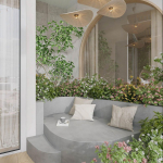 Không gian ban công xanh kết hợp tiểu cảnh hiện đại trong thiết kế thi công nhà trọn gói, tạo điểm nhấn thẩm mỹ và mang thiên nhiên vào không gian sống.